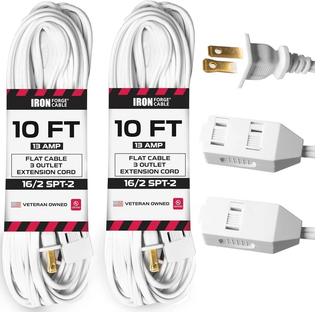 Main image of IRON FORGE CABLE 2 Pack White Extension Cord 2 Prongs with 3 Outlets 10 Ft - 16/2 Durable Electrical Cable, White Extension Power Cord 10 Feet for Home, Office, Indoor Outdoor Electrical Appliances