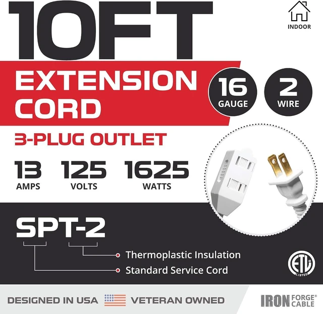 Alt view image 2 of 5 - IRON FORGE CABLE 2 Pack White Extension Cord 2 Prongs with 3 Outlets 10 Ft - 16/2 Durable Electrical Cable, White Extension Power Cord 10 Feet for Home, Office, Indoor Outdoor Electrical Appliances