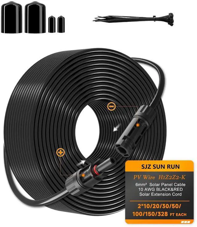 Main image of Solar Extension Cable 10 Gauge Panels Wire 328Ft 10AWG (6mm²) PV Wire SJZSUNRUN Tinned Copper Wire for Outdoor Automotive, RV Boat Marine Panel, 328Ft (100m) Black