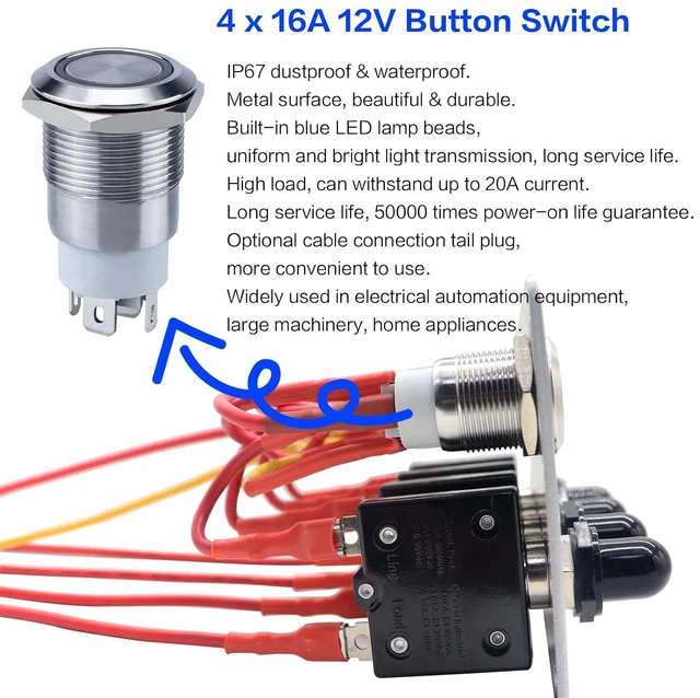 Alt view image 3 of 6 - IZTOSS Oxidation-Resistant Aluminium 4 Gang ON-Off Ignition Push Button Switch Panel with Reset Circuit Breakers Quick Connect Terminals for Yacht RV Boat Truck Marine