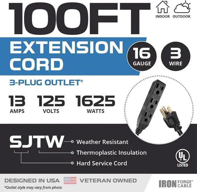 Alt view image 2 of 6 - Iron Forge Cable 3 Outlet Power Strip Outdoor Extension Cord 100 ft, 16/3 Heavy Duty Black Extension Cord with Multiple Outlets 3 Prong, Weatherproof Outdoor & Indoor Power Cable - US Veteran Owned