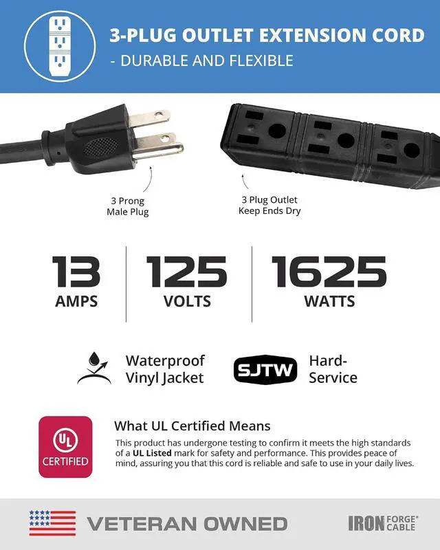 Alt view image 3 of 6 - Iron Forge Cable 3 Outlet Power Strip Outdoor Extension Cord 100 ft, 16/3 Heavy Duty Black Extension Cord with Multiple Outlets 3 Prong, Weatherproof Outdoor & Indoor Power Cable - US Veteran Owned