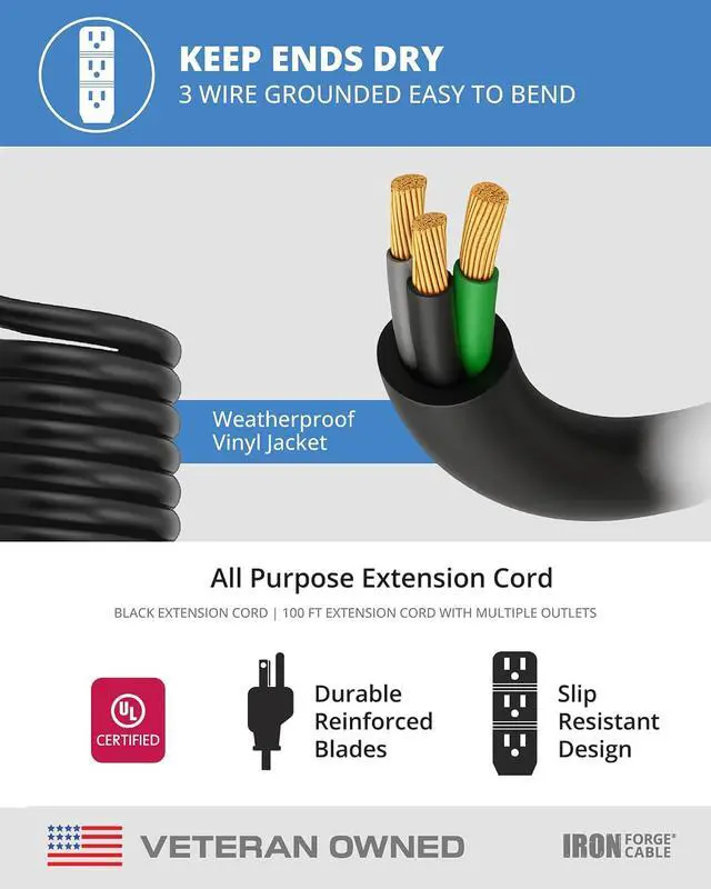 Alt view image 4 of 6 - Iron Forge Cable 3 Outlet Power Strip Outdoor Extension Cord 100 ft, 16/3 Heavy Duty Black Extension Cord with Multiple Outlets 3 Prong, Weatherproof Outdoor & Indoor Power Cable - US Veteran Owned