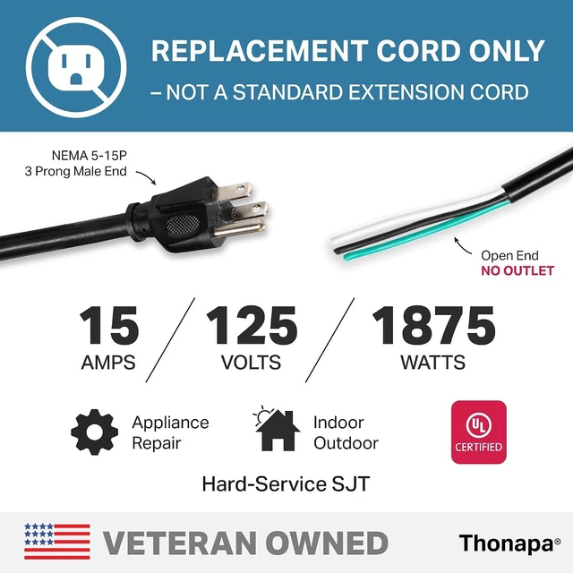 Alt view image 2 of 6 - Thonapa 15 Foot 12 AWG Power Cord Replacement with Open End - 3 Prong Replacement Cord, 12/3 SJT, NEMA 5-15P Replacement Power Cable 3 Prong for Major Appliances - Black