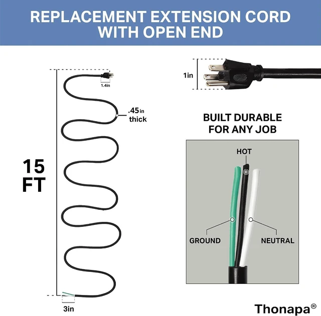 Alt view image 5 of 6 - Thonapa 15 Foot 12 AWG Power Cord Replacement with Open End - 3 Prong Replacement Cord, 12/3 SJT, NEMA 5-15P Replacement Power Cable 3 Prong for Major Appliances - Black