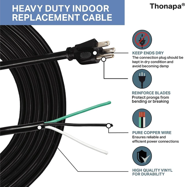 Alt view image 4 of 6 - Thonapa 15 Foot 12 AWG Power Cord Replacement with Open End - 3 Prong Replacement Cord, 12/3 SJT, NEMA 5-15P Replacement Power Cable 3 Prong for Major Appliances - Black