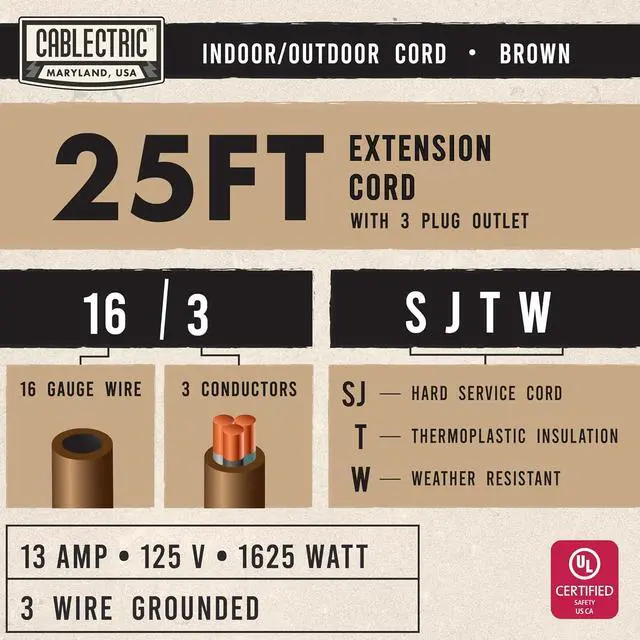 Alt view image 2 of 7 - 25 Ft Brown Extension Cord with 3 Electrical Power Outlet - 16/3 SJTW Heavy Duty Cable with 3 Prong Plug for Safety, 13 AMP for Heavy Appliances, Garden, Lawn, Lightning Decoration