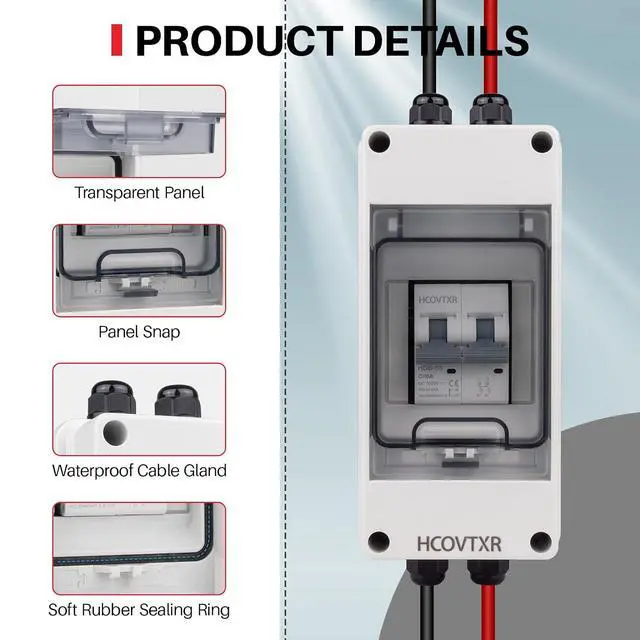 Alt view image 3 of 7 - 50 Amp Disconnect Box with Breaker,Solar Panel Disconnect Switch 1000 VDC,IP65 Breaker Box for Solar PV Homes