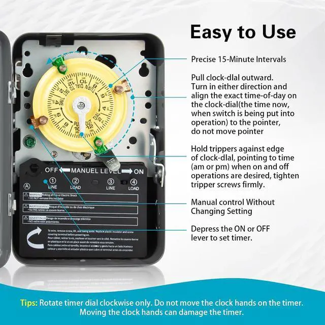 Alt view image 6 of 7 - T104 Electromechanical Timer Switch for Pool Pumps, 208-277 VAC 40A DPST, 5HP, Outdoor 24-Hour, 12 ON/Off Cycles, Tripper Included Heavy Duty Pool Timer