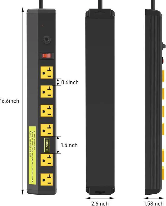 Alt view image 2 of 2 - JUNNUJ Heavy Duty Metal Power Strip 20 Amp, High Amp Power Strip 6 Outlet, 20A Power Strips Workshop Industrial Outlets Wide Spaced 6-20R T-Slot, 12 Gauge Extension Cord 6ft