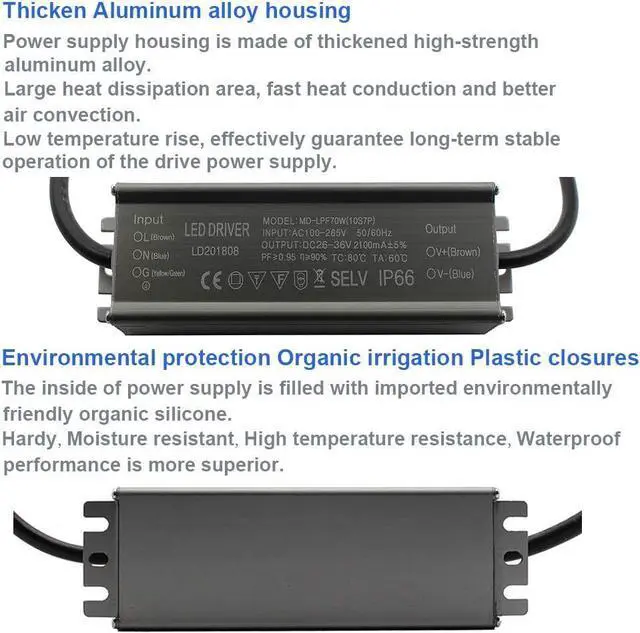 Alt view image 5 of 7 - Aluminium IP66 70W LED Driver 2100mA (Constant Current Output) / DC 26-36V (Voltage Output) / AC 100-265V (input votage) Waterproof Power Supply Lighting Transformer Drivers Ballast