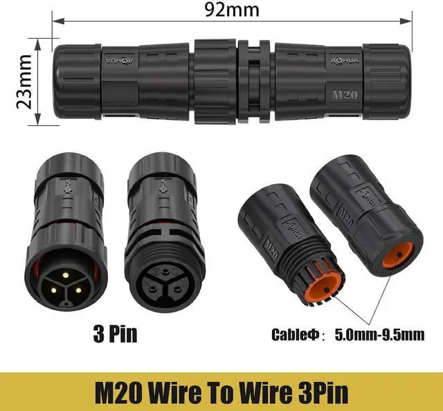 Alt view image 2 of 7 - AOHUA M20 Waterproof Connector IP67 Outdoor Electrical Plug for 2 Or 3-pin Cables Ø 5.0-9.5mm (AH-M20-1503MMZ/FFZ02122)