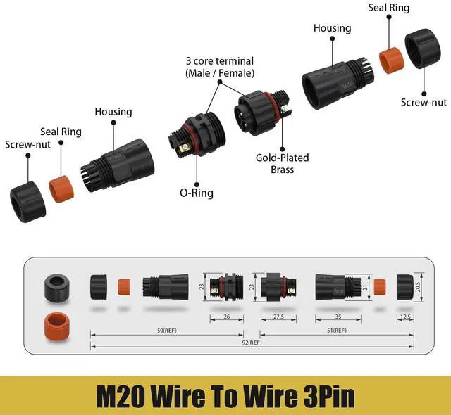 Alt view image 3 of 7 - AOHUA M20 Waterproof Connector IP67 Outdoor Electrical Plug for 2 Or 3-pin Cables Ø 5.0-9.5mm (AH-M20-1503MMZ/FFZ02122)