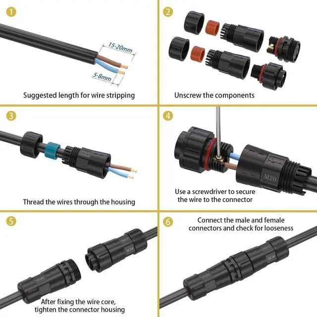 Alt view image 7 of 7 - AOHUA M20 Waterproof Connector IP67 Outdoor Electrical Plug for 2 Or 3-pin Cables Ø 5.0-9.5mm (AH-M20-1503MMZ/FFZ02122)