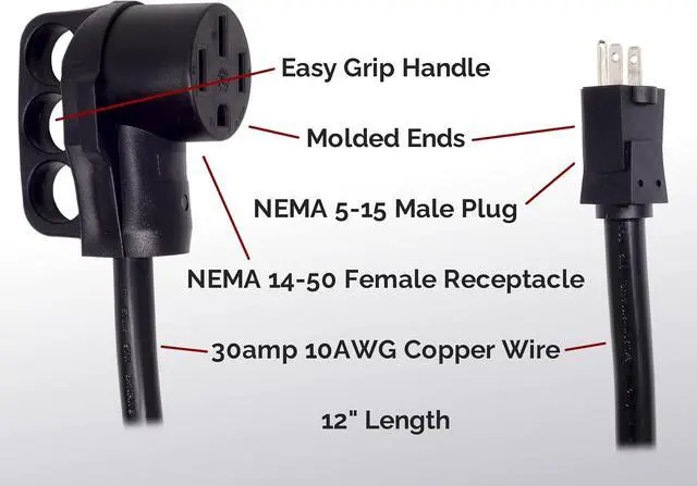 Alt view image 6 of 7 - Inteset NEMA 5-15P to 14-50R 12in EV Adaptor Cord for use with Variable Amperage Portable EV Chargers Only (not for RVs)