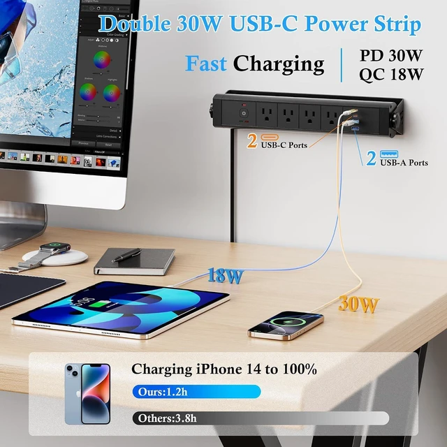 Alt view image 3 of 7 - Wall Mount Power Strip with 30W USB-C, Total 60W USB C Desk Edge Wall Mount Surge Protector Power Strip with 3 AC Outlets, 2 QC 18W USB-A Ports, Overload Switch Outlets with 6FT Extension Cord, Black