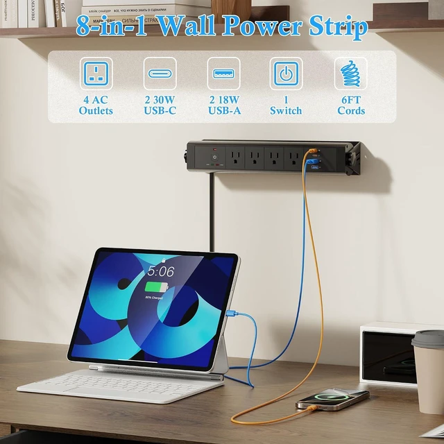 Alt view image 2 of 7 - Wall Mount Power Strip with 30W USB-C, Total 60W USB C Desk Edge Wall Mount Surge Protector Power Strip with 3 AC Outlets, 2 QC 18W USB-A Ports, Overload Switch Outlets with 6FT Extension Cord, Black