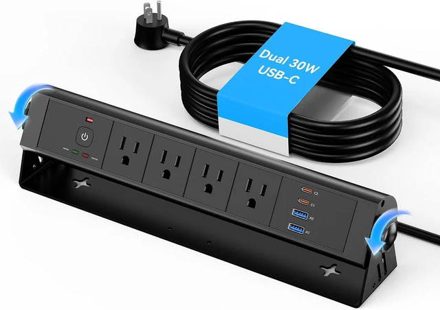 Main image of Wall Mount Power Strip with 30W USB-C, Total 60W USB C Desk Edge Wall Mount Surge Protector Power Strip with 3 AC Outlets, 2 QC 18W USB-A Ports, Overload Switch Outlets with 6FT Extension Cord, Black