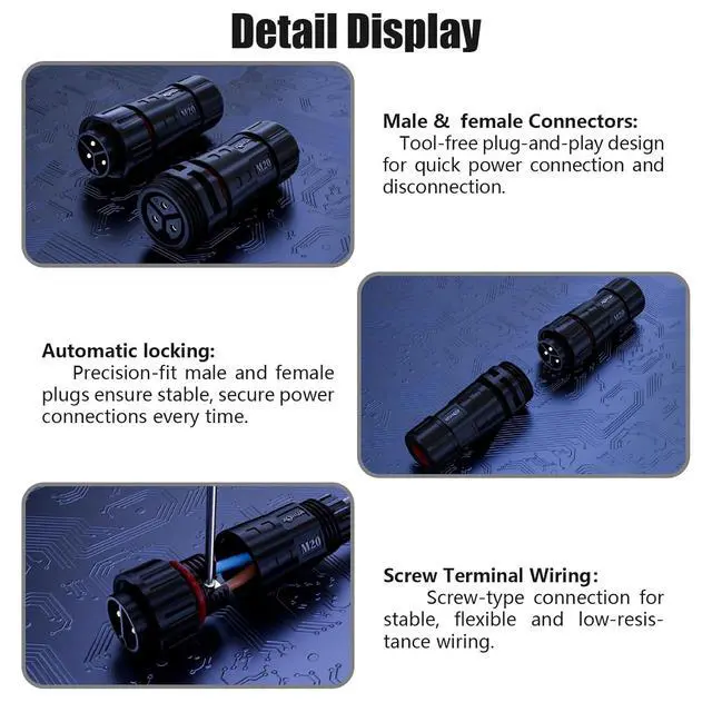 Alt view image 4 of 7 - AOHUA M20 Waterproof Connector IP67 Outdoor Electrical Plug for 2 Or 3-pin Cables Ø 5.0-9.5mm (AH-M20-1503MMZ/FFZ02122)