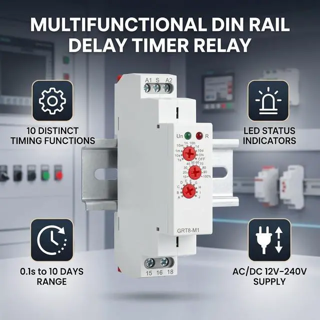 Alt view image 5 of 5 - Delay Time Relay DIN Rail Timer Relay 0.1s to 10 Days Multifunction Cycle Controller 12V 24V 110V 240V AC DC Industrial Control