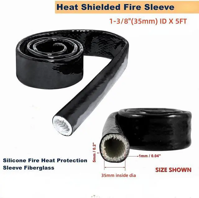 Alt view image 2 of 7 - 1-3/8"(35mm) ID Heat Shielded Fire Thermo Armor Fire Sleeve Silicone Coated Fiberglass for Automotive Hose Lines & Electrical Wiring Black, 5 feet