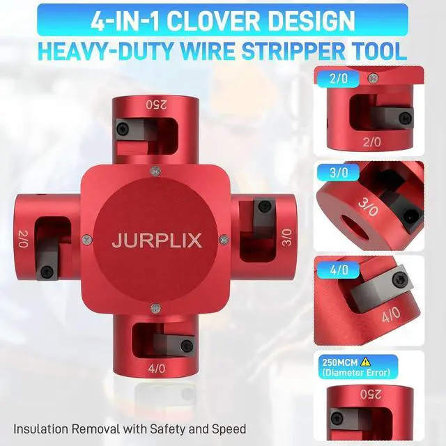 Alt view image 5 of 7 - Large Cable Stripper Compatible with 2/0, 3/0, 4/0, 250 MCM, 4-in-1 Clover Design Heavy-duty Wire Stripper Tool for Insulation Removal with Safety and Speed (RED)