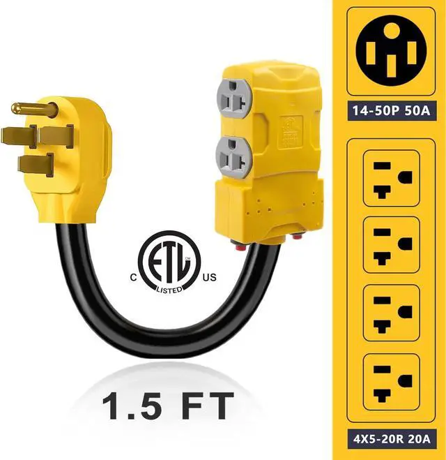 Alt view image 2 of 7 - 50 Amp to 20 Amp 110V RV Distribution Adapter, NEMA 14-50P to 4 X 5-20R/15R RV Generator Adapter, 4-Prong to Mutiple Household Outlet w/ 20amp Circuit Breaker, 1.5FT