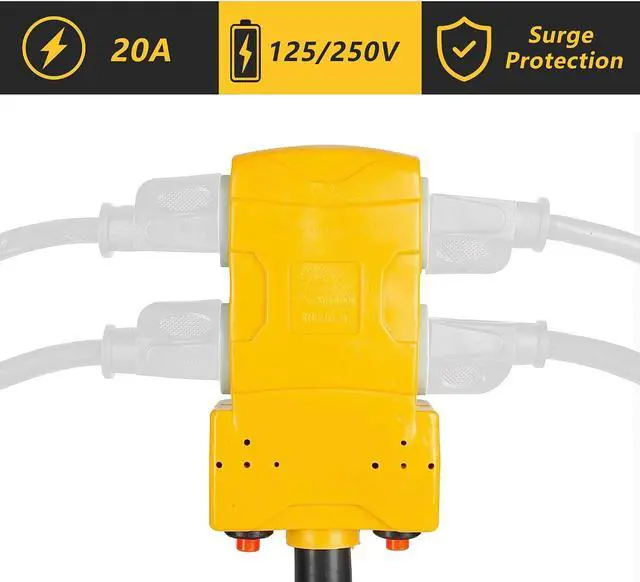 Alt view image 3 of 7 - 50 Amp to 20 Amp 110V RV Distribution Adapter, NEMA 14-50P to 4 X 5-20R/15R RV Generator Adapter, 4-Prong to Mutiple Household Outlet w/ 20amp Circuit Breaker, 1.5FT