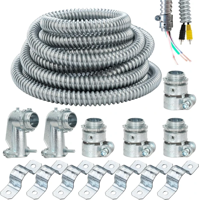 Main image of (1/2" Dia * 25 Feet) Yariwiz Flexible Steel Electrical Conduit Steel Conduit Kit with 4 PCS Coupling, 2 PCS Elbow and 7 PCS Strap, S-LCCK-0.5-25FT-KIT