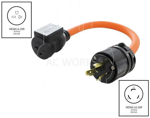 Alt view image 2 of 6 - AC WORKS NEMA L6-20P 20Amp 250Volt Locking Plug to NEMA 6-15/20R 15/20Amp 250Volt Female Connector Adapter (Flexible With Breaker)