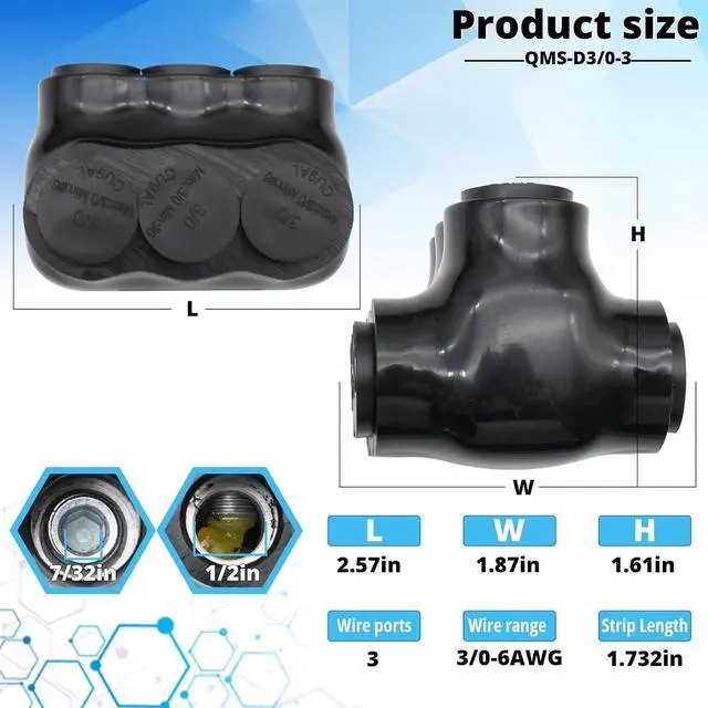 Alt view image 2 of 7 - 3/0-6AWG Insulated 3 Port Inline Splice Connector Black Wire Connectors,Allen Hex 7/32" Insulated Cable Connectors Pre-Loaded Oxide Inhibitors,UL Listed(4pcs)
