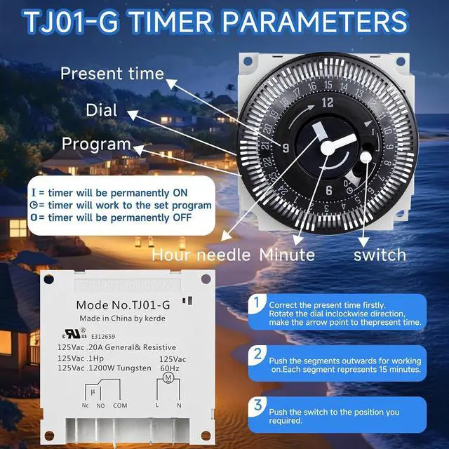 Alt view image 4 of 7 - KERDE TJ01-G 24-Hour Timer, 120V 20-Amp Manual Override, 15-Minute Interval Switch, Indoor/Outdoor Appliance Timer for Lights, Fans, Pumps, DIY Electrical Projects