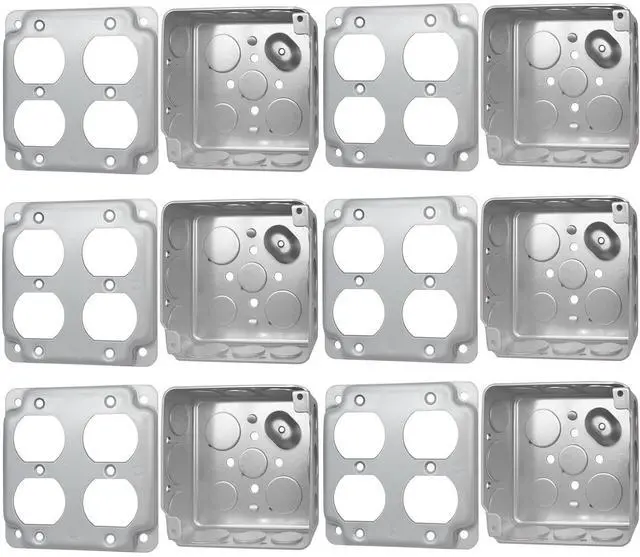 Main image of 6-Set 4X4 Metal Electrical Junction Box Set Includes 1-Gang Exposed Work Cover, 21 cu. in. Capacity, 1-1/2" Deep, Galvanized Steel for Double Duplex Receptacle (6 Boxes + Covers)