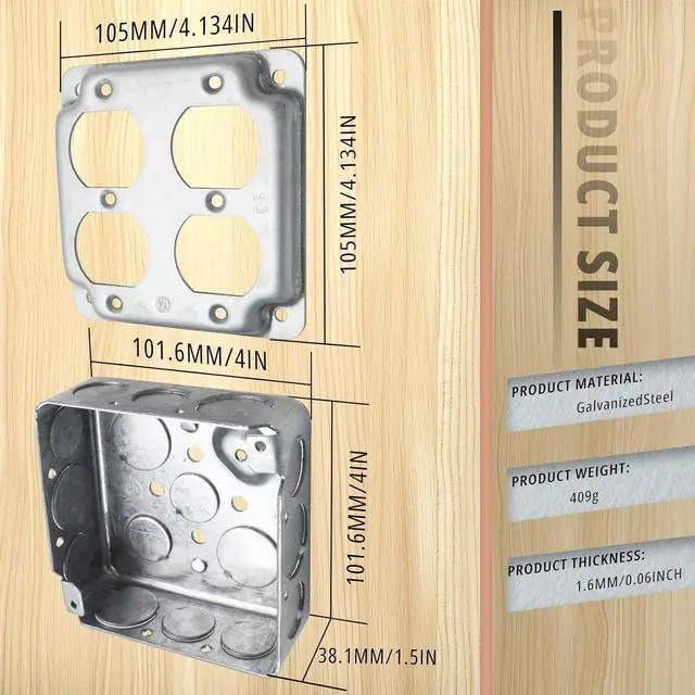 Alt view image 2 of 5 - 6-Set 4X4 Metal Electrical Junction Box Set Includes 1-Gang Exposed Work Cover, 21 cu. in. Capacity, 1-1/2" Deep, Galvanized Steel for Double Duplex Receptacle (6 Boxes + Covers)