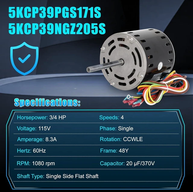 Alt view image 3 of 5 - 5KCP39PGS171S Furnace Blower Motor, 5KCP39NGZ205S Blower Fan Motor for GE, Genteq, 3/4 HP 115V 1080 RPM Replacement for Carrier HC45AE118A HC45AE118 Packard 45118 Rheem 51-104342-01