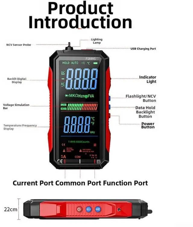 Alt view image 4 of 6 - FS899S Digital Multimeter, USB-C Rechargeable Power, Large Backlit Display, Flashlight and Voice Broadcast, RMS Digital Multimeter for Home and Industrial Electrical Testing(FS899S-BAG-16-in-1)