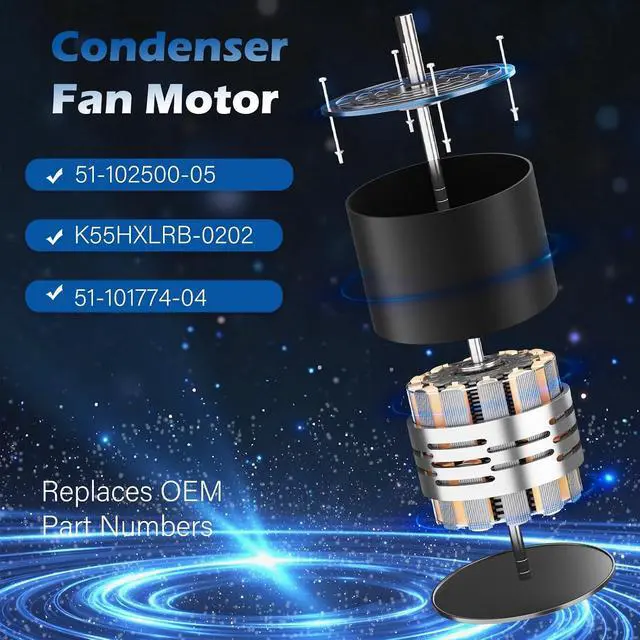 Alt view image 2 of 7 - 51-102500-05 Condenser Fan Motor for K55HXLRB-0202, 1/10HP 208/230V 1075RPM CW/CCW Note: Product Label Shows 12F49-47W86 is Misprint, Not Compatible, 3UF Capacitor & Hardware Included