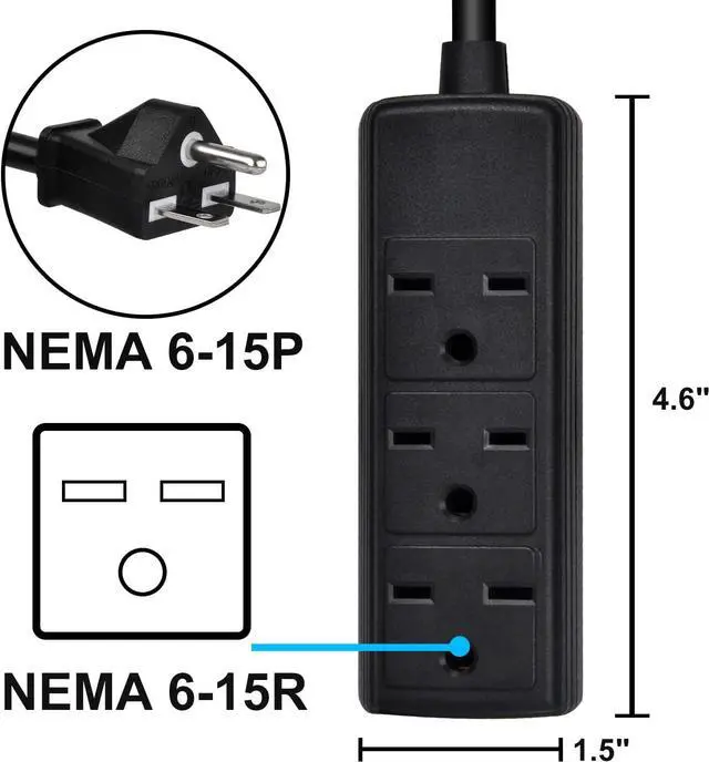Alt view image 2 of 7 - Power Strip, 14AWG NEMA 6-15P 10ft Long Power Extension Cord, Durable Power Extension Cable 240V, 3 Outlets