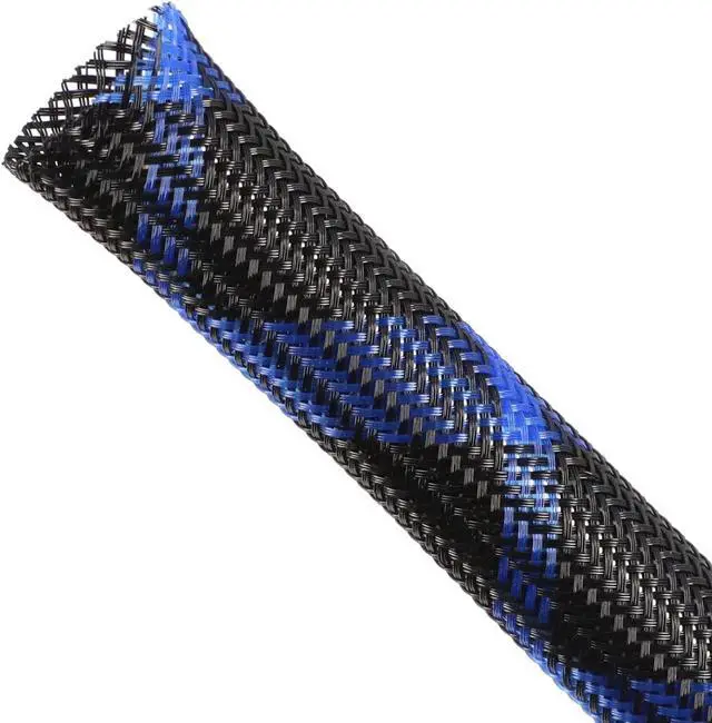 Main image of Expandable Braided Sleeving, PET Automotive Wire Loom, Flexible Cable Management for Audio Video and Other Home Device, Cord Protector from Pets (Black Blue, 1/2" x 100ft)
