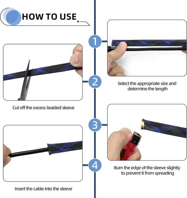 Alt view image 6 of 7 - Expandable Braided Sleeving, PET Automotive Wire Loom, Flexible Cable Management for Audio Video and Other Home Device, Cord Protector from Pets (Black Blue, 1/2" x 100ft)