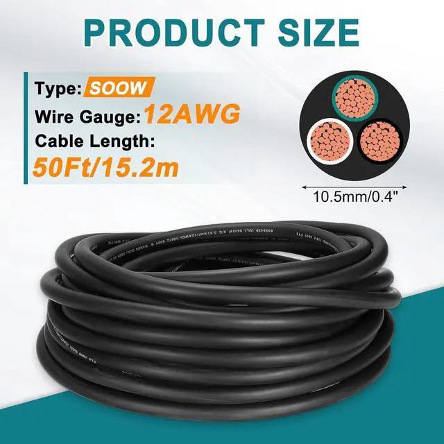 Alt view image 2 of 5 - MECCANIXITY SOOW 12 Gauge 3 Conductor Electrical Wire, 50ft 12 AWG Automotive Wire, Portable Power Cable 600V for Generators, LED Lights, Battery Chargers, Flexible Extension Cord