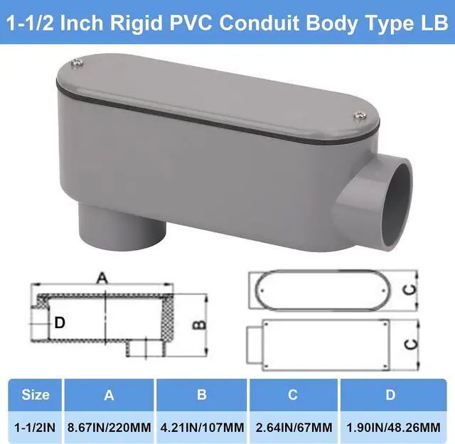 Alt view image 2 of 7 - 2Pack 1-1/2Inch Rigid PVC Conduit Body Type LB 1.50IN Slip x Slip PVC Conduit Bodies LB Type with Cover and Gasket, Gray