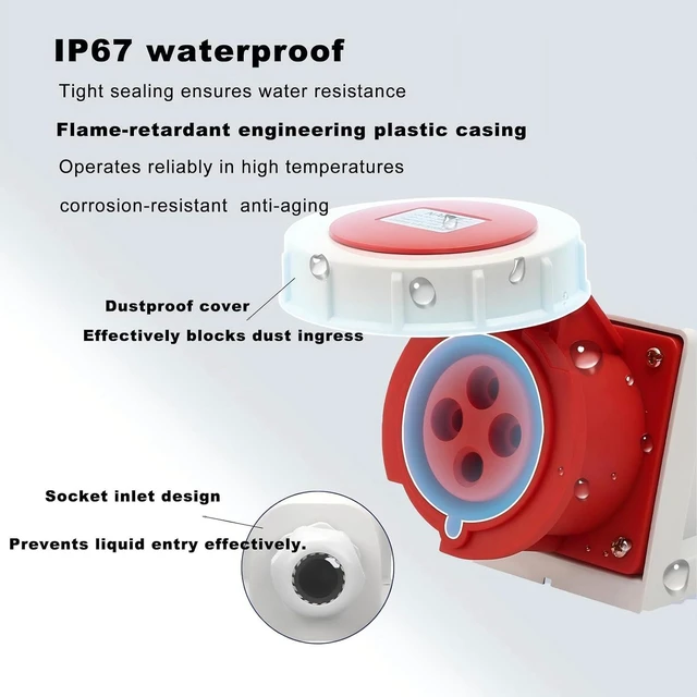 Alt view image 7 of 7 - 1Set IEC60309 125A 3Pin Male+Surface-Mounted Receptacle Connector,Industrial Waterproof Connector 220V-250V 2P+E 6H IP67 Aviation Connector,Cable Coupling Connector,for Automatic Control