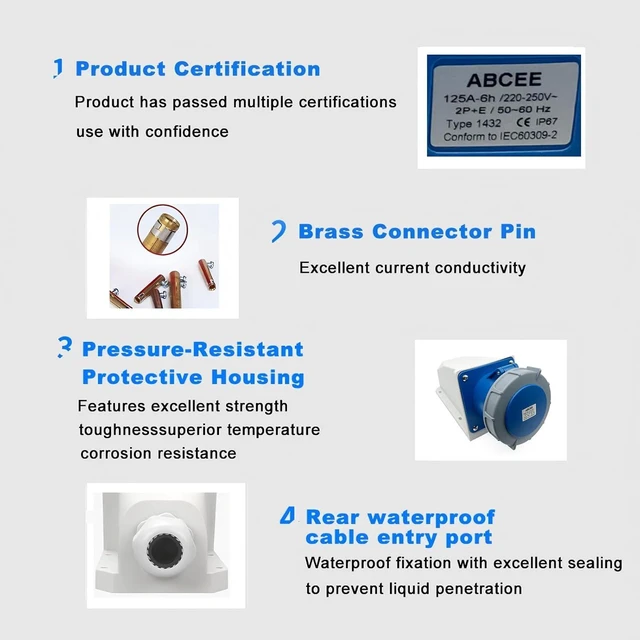 Alt view image 6 of 7 - 1Set IEC60309 125A 3Pin Male+Surface-Mounted Receptacle Connector,Industrial Waterproof Connector 220V-250V 2P+E 6H IP67 Aviation Connector,Cable Coupling Connector,for Automatic Control