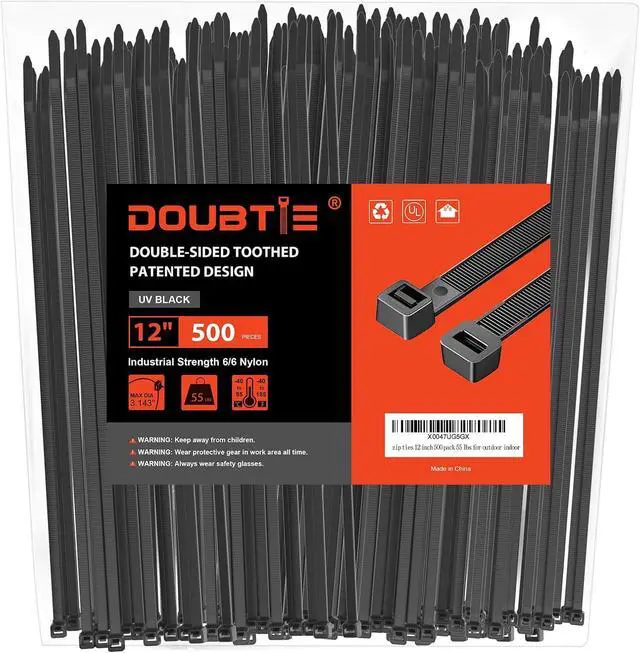 Main image of Zip Ties 12 Inch, Cable Ties With Double Sided Toothed 2024 Patented Design, 55LBS Tensile Strength Heavy Duty Wire Ties, Nylon PA66 UV Resistant Black Cable Ties For Indoor and Outdoor Use, 500Pack