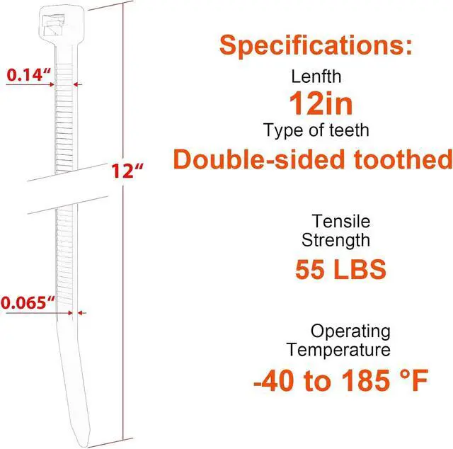 Alt view image 2 of 7 - Zip Ties 12 Inch, Cable Ties With Double Sided Toothed 2024 Patented Design, 55LBS Tensile Strength Heavy Duty Wire Ties, Nylon PA66 UV Resistant Black Cable Ties For Indoor and Outdoor Use, 500Pack
