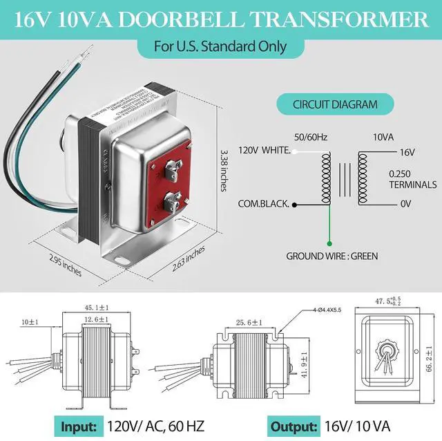 Alt view image 2 of 6 - Landhoow Doorbell Transformer 16V 10VA Compatible with Ring Wired Video Doorbell, Safe Wired Doorbell 10VA Kit, Easy to Install Door Bell Transformer for Home