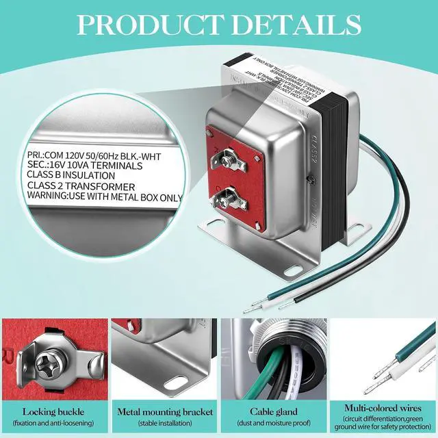 Alt view image 5 of 6 - Landhoow Doorbell Transformer 16V 10VA Compatible with Ring Wired Video Doorbell, Safe Wired Doorbell 10VA Kit, Easy to Install Door Bell Transformer for Home