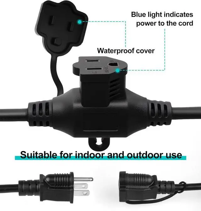 Alt view image 3 of 7 - Black 50FT Outdoor Extension Cord for Multiple Outlets - 11 Outlets | 16/3 Gauge SJTW Heavy Duty Weatherproof Power Cord for ETL Listed Extension Cable for Garden, Stage, Christmas Lights
