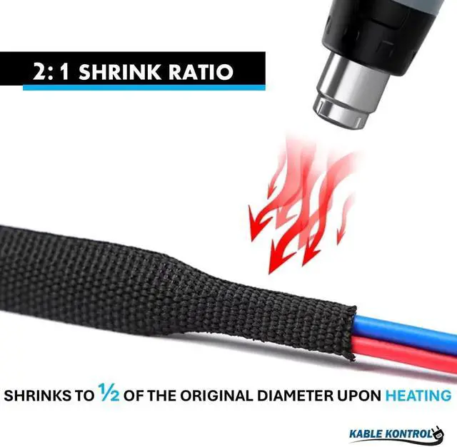 Alt view image 5 of 7 - Kable Kontrol Fabric Heat Shrink Braided Sleeving 1-3/16 Inch - 25' Ft Long, PET & Polyolefin Cable Sleeving Sheath - 2:1 Industrial Wiring Harness for Electrical Wire Insulation - Black